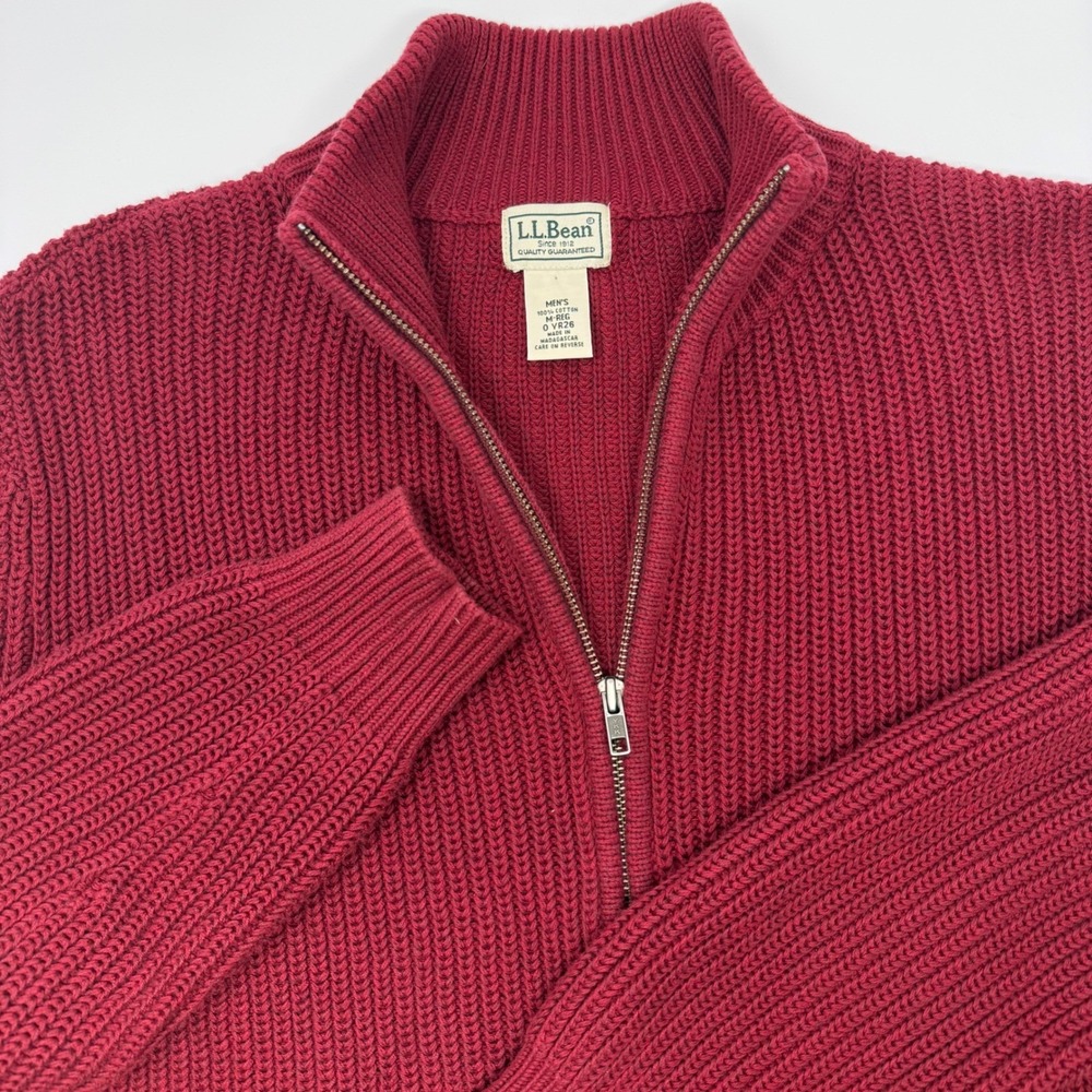 LL Bean Mens Medium Burgundy Red Shaker Stitch Full Zip Cardigan Sweater